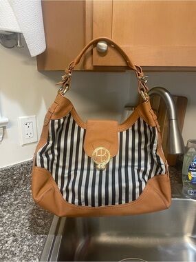 Black-and-White Striped Canvas Shoulder Bag with Tan Leather Trim